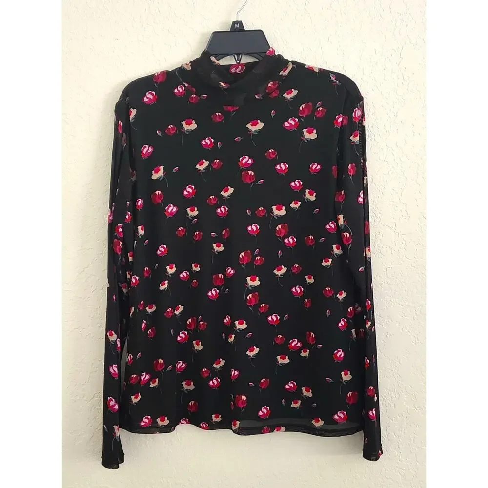 POPSUGAR Women's XL Black Floral Mesh Sheer Sleeve Mock Neck Top Blouse